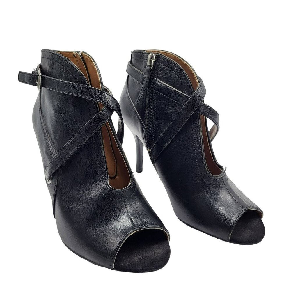 Nine West Gaige Open Toe Black Leather Heeled Bootie Women Size 7.5 Side Zip